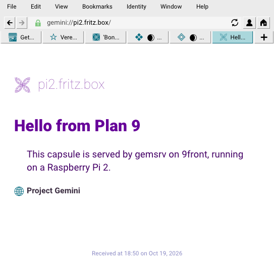 Gemini-Browser Lagrange zeigt die Startseite des Gemini-Servers auf meinem neuen Netzbewohner, einem "headless" Raspberry Pi 2 mit Plan 9